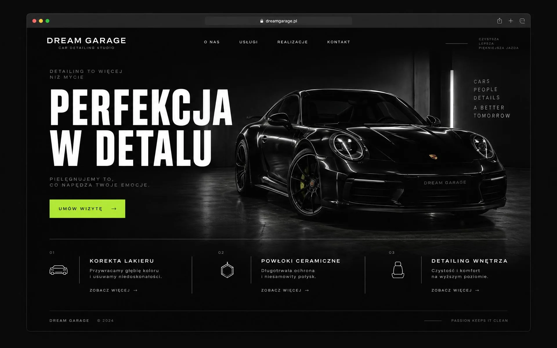 Projekt ciemnej strony internetowej Dream Garage Detailing