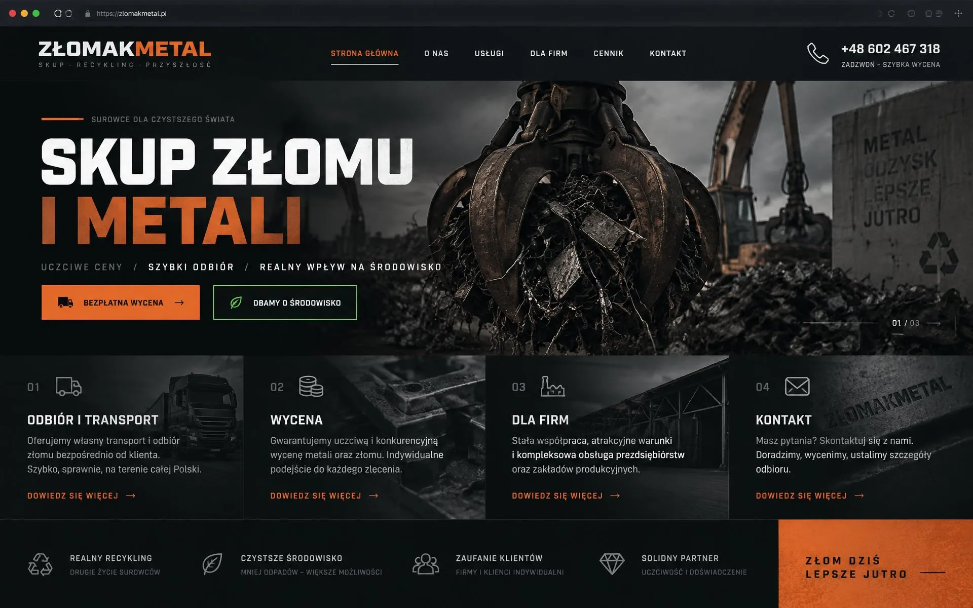 Projekt ciemnej, industrialnej strony internetowej Złomakmetal